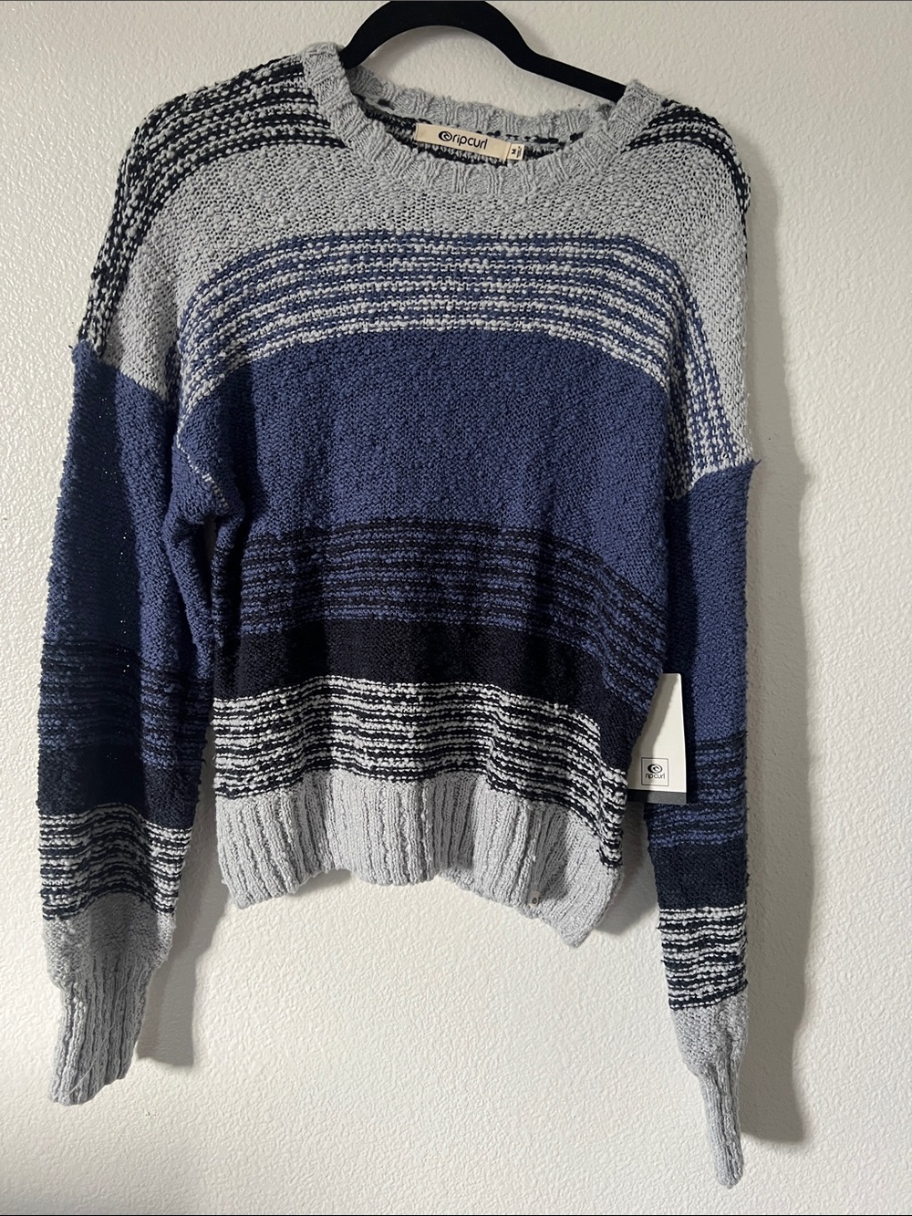 Rip Curl Blue, Gray & Black Striped Crew Neck Sweater